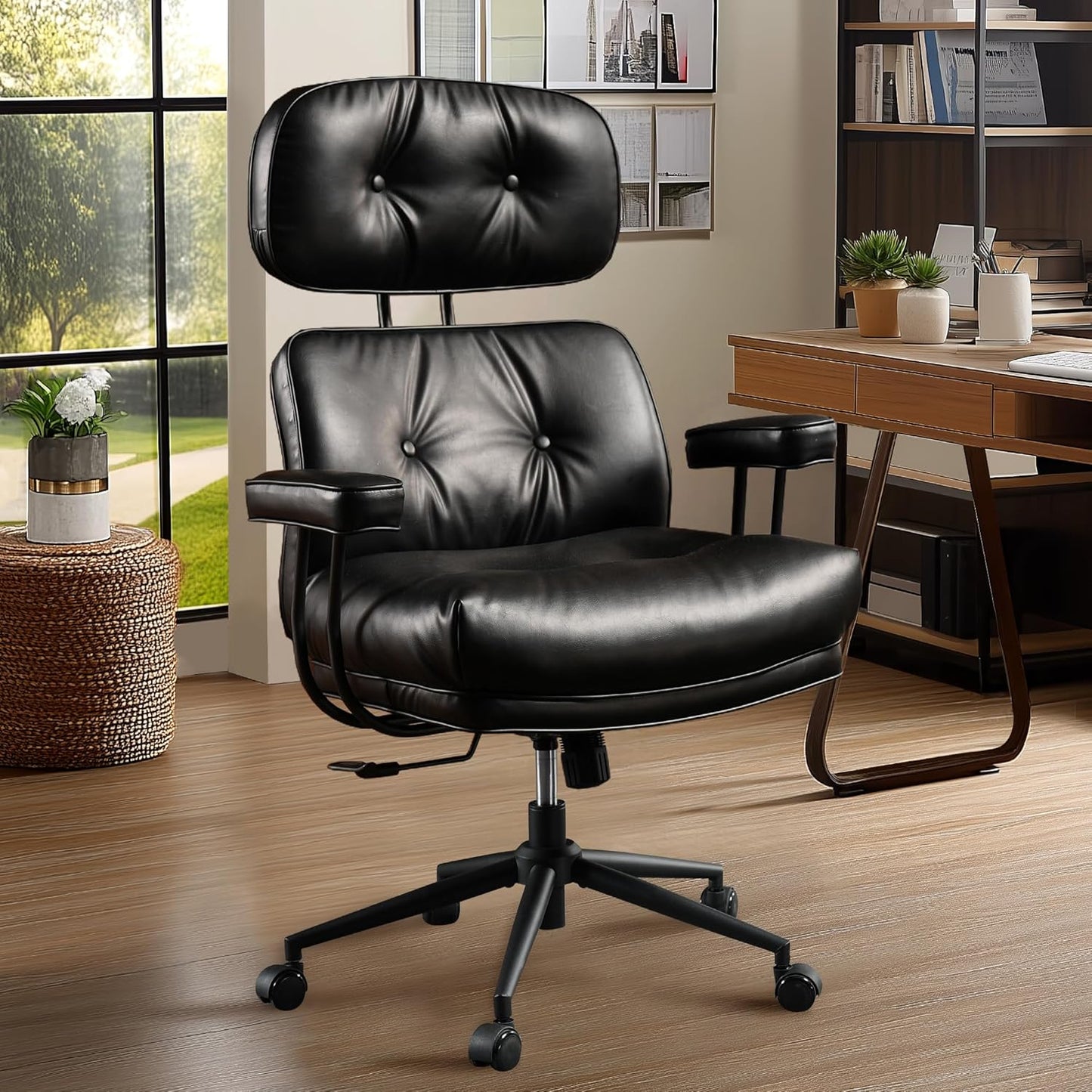 Mid Century Modren Big and Tall Office Chair,Large Ergonomic Executive Chair for Heavy Duty People, Computer Desk Task Chair with Wheels, Faux Lether Fabric Wide Chair for Home Sturdy,Brown(Suede)