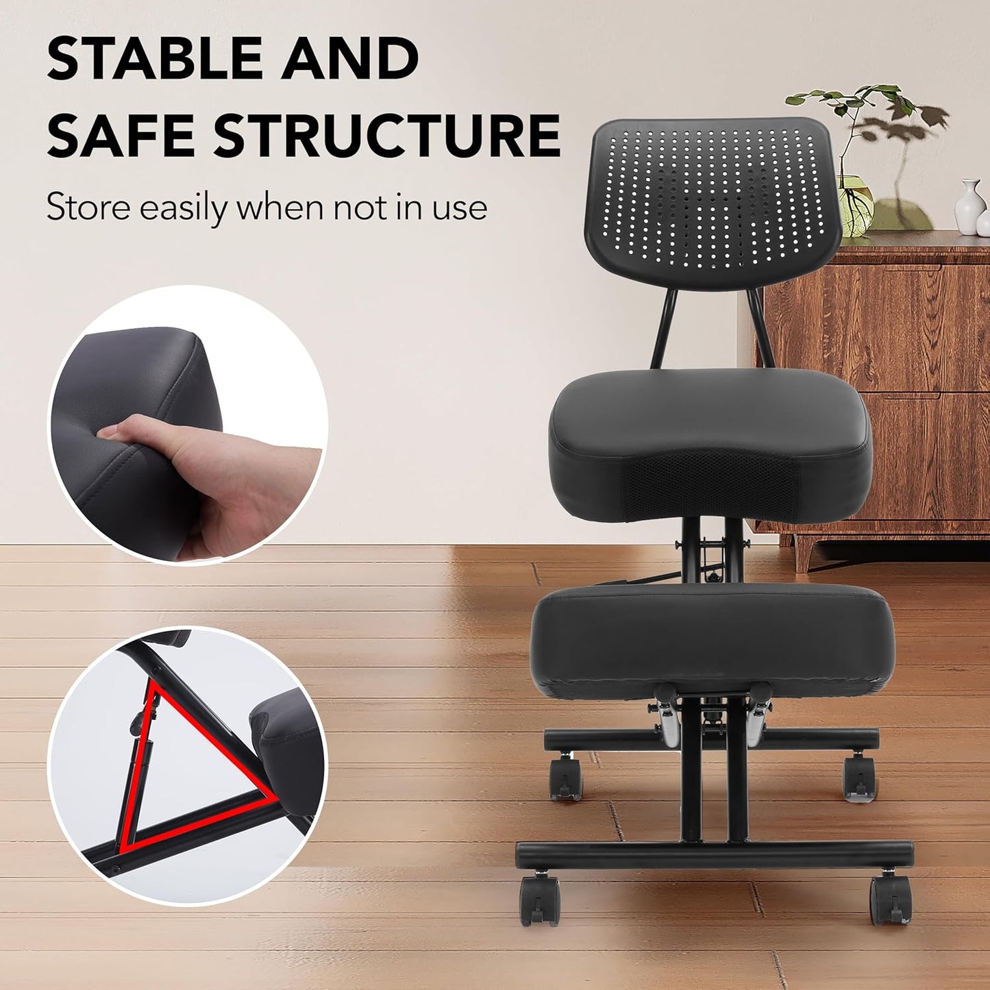 Ergonomic Kneeling Chair with Back Support, Kneeling Desk Chair for Home Office with Brake and Gliding Casters, Adjustable Posture Chair with High Back for Desk to Relieve Back Pain, Black PU