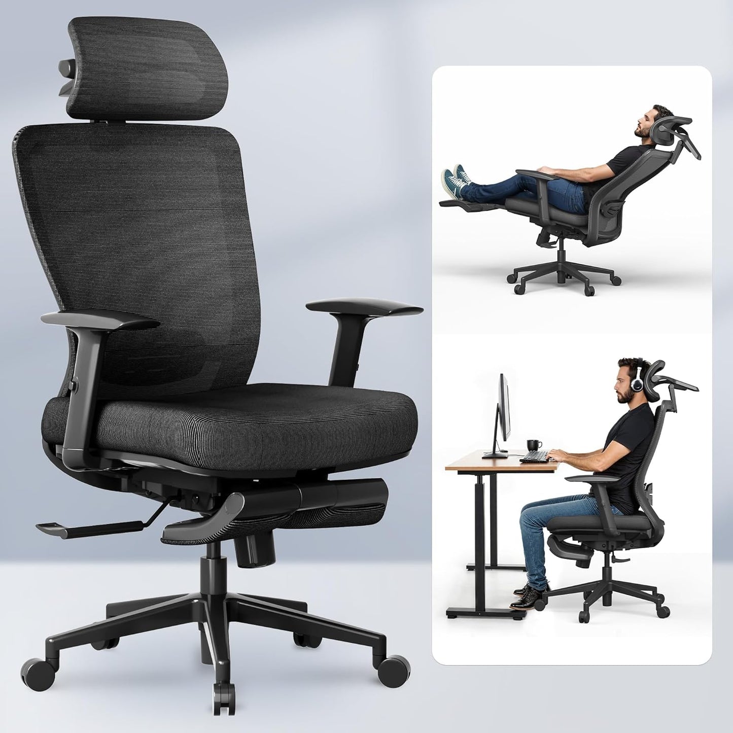 FLEXISPOT Classic Ergonomic Office Chair with High Back Swivel Computer Chair Executive Office Desk Chairs, with Lumbar Support/2D Headrest/Lockable Tilt Function, Foam Seat Cushion, White+Gray