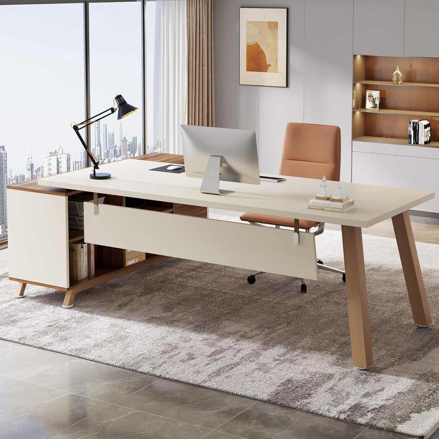 Tribesigns 78.7-Inch Executive Desk, L-Shaped Desk with 55-Inch Cabinet, Large Office Desk with Storage Shelves, Modern Computer Desk for Home Office, Walnut & White