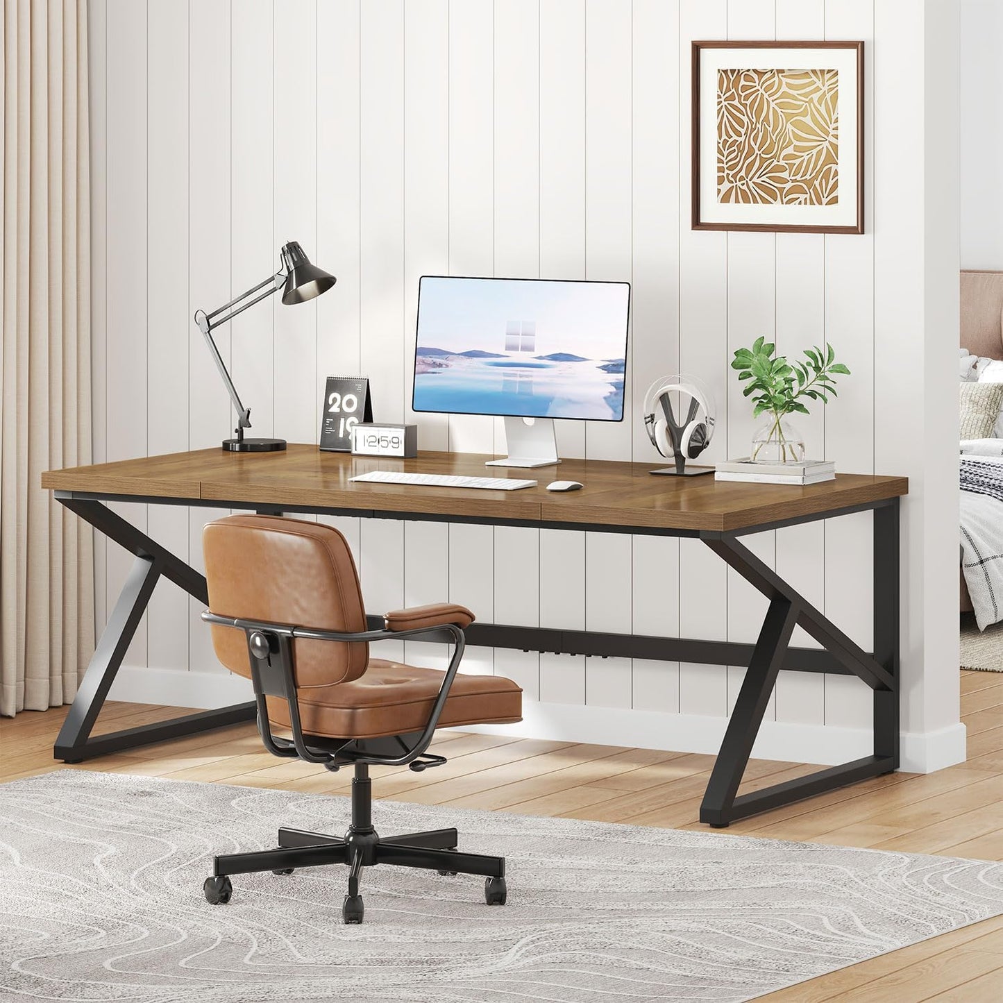IBF Large Computer Desk, Rustic 70 Inch Long Home Office Metal Wood Desk, Industrial Big 2 Person Table for Executive Writing Study Gaming Workstation, Farmhouse Bedroom PC Laptop Double Desk