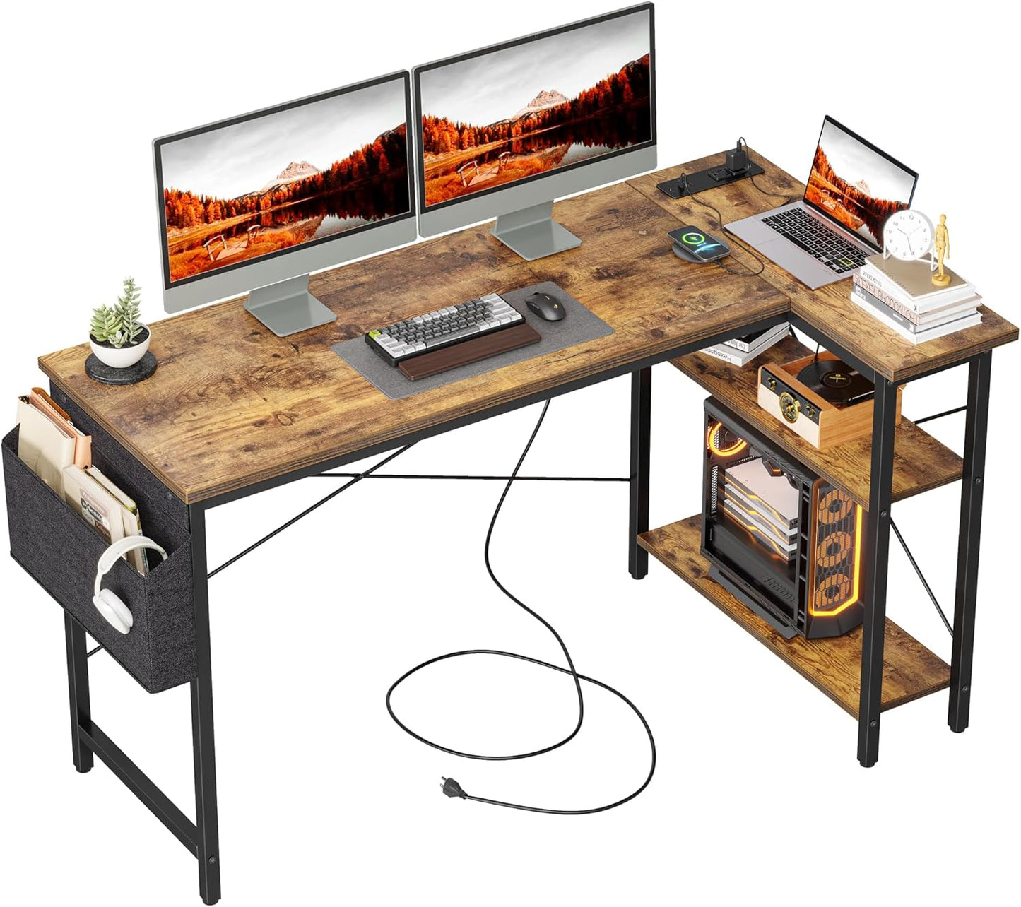 TIQLAB Small Computer Desk with Power Outlets, 40 Inch L Shaped Desk with Reversible Shelves, Gaming Desk Corner Desk Study Writing Table for Home Office Bedroom Living Room, Black