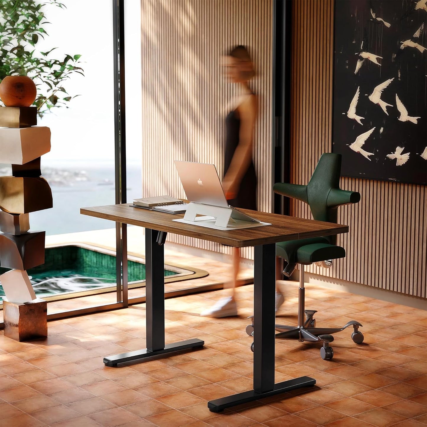 HUANUO 32" Small Electric Standing Desk Adjustable Height, 4 Memory Height Settings, Sit Stand Up Desk for Home Office & Computer Workstation, White and Gold Frame