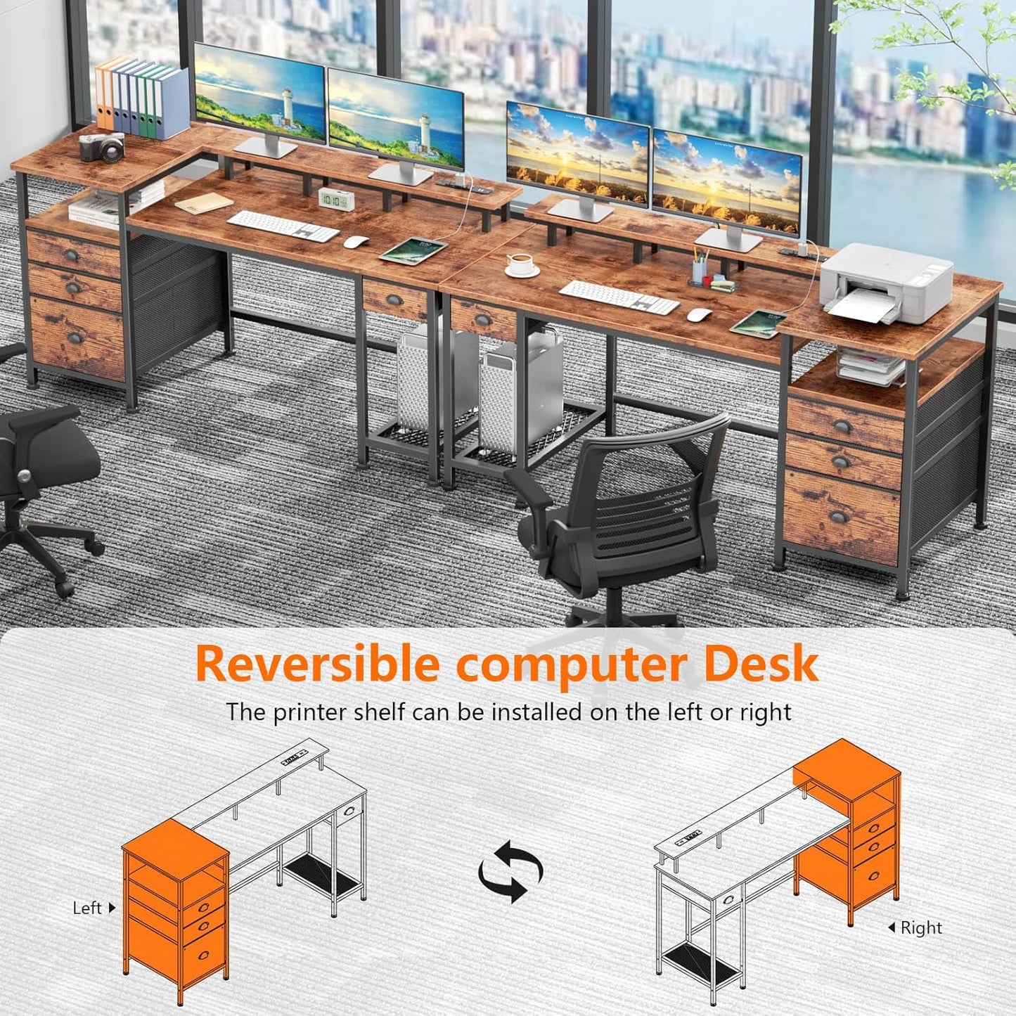 Furologee 60" Office Computer Desk with 4 Drawers,Gaming Desk with LED Lights and Power Outlets,Long Desk with Fabric File Cabinet,Study Work Table with Shelf for Bedroom Home Office,Rustic Brown