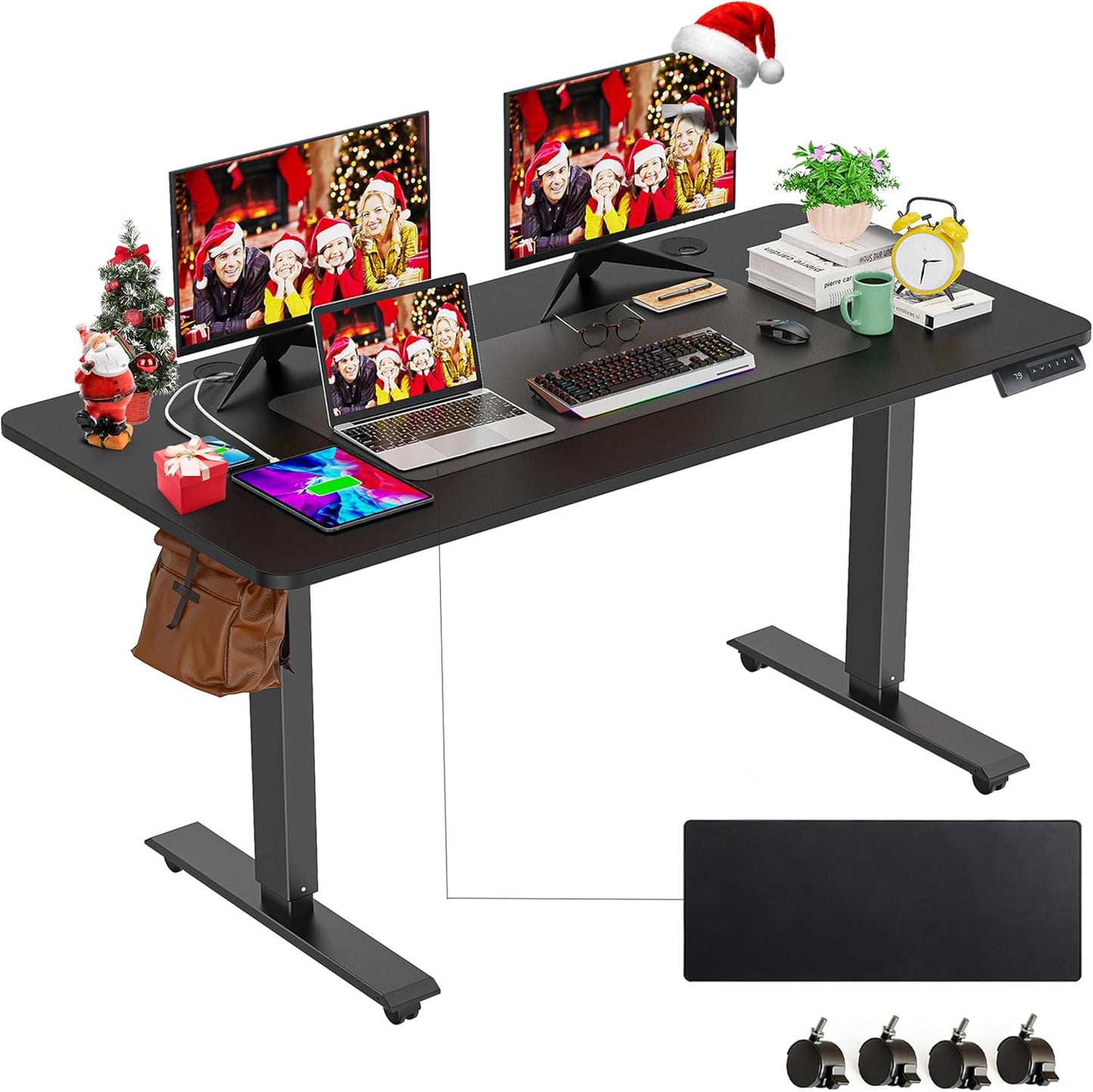 farexon Electric Standing Desk Adjustable Height, 63x24 Inches Computer Desk with Rolling Wheels, Mouse Pad,Spliced Table Tops,Multifunctional Stand up Desk for Home/Office(Oak Gray)