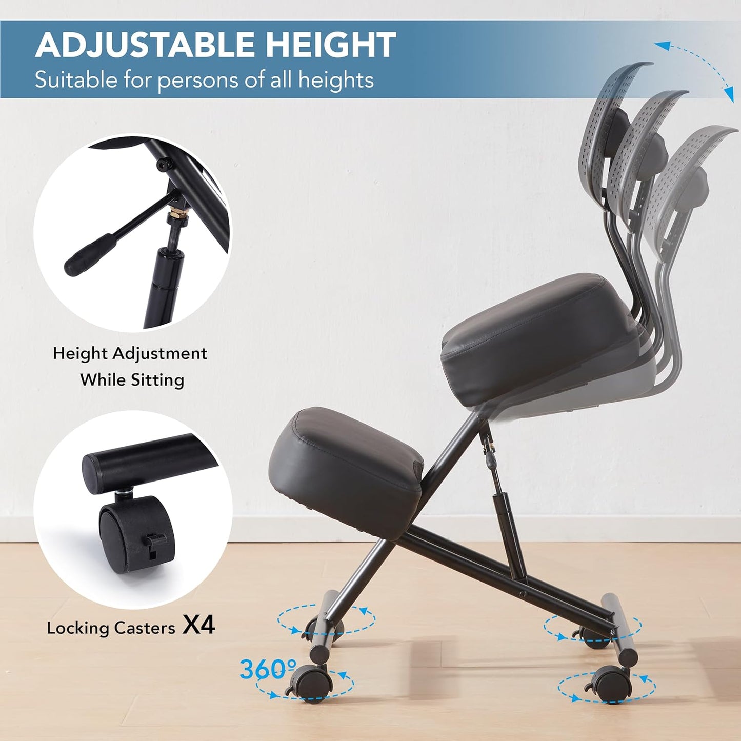 Ergonomic Kneeling Chair with Back Support, Kneeling Desk Chair for Home Office with Brake and Gliding Casters, Adjustable Posture Chair with High Back for Desk to Relieve Back Pain, Black PU