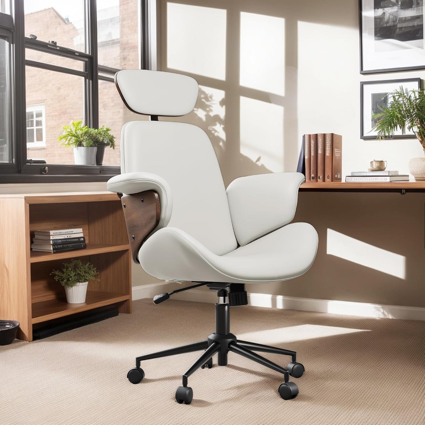 AMERLIFE Home Office Chair with Wheels and Bentwood Arms, PU Leather Swivel Desk Chair with Lumbar Support and Headrest, Height Adjustable Modern Computer Chair for Office, Study, White