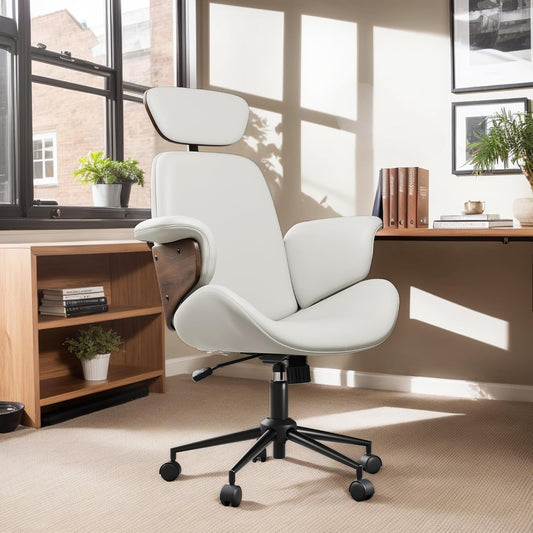 AMERLIFE Home Office Chair with Wheels and Bentwood Arms, PU Leather Swivel Desk Chair with Lumbar Support and Headrest, Height Adjustable Modern Computer Chair for Office, Study, White