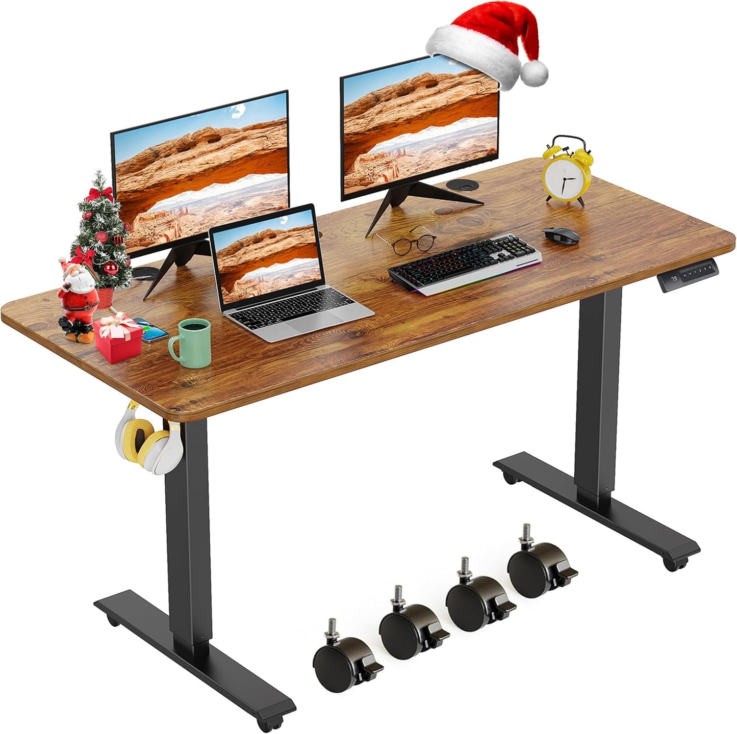farexon Electric Standing Desk Adjustable Height, 63x24 Inches Computer Desk with Rolling Wheels, Mouse Pad,Spliced Table Tops,Multifunctional Stand up Desk for Home/Office(Oak Gray)