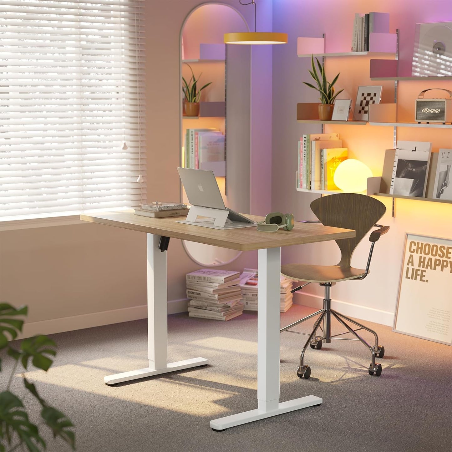 HUANUO 32" Small Electric Standing Desk Adjustable Height, 4 Memory Height Settings, Sit Stand Up Desk for Home Office & Computer Workstation, White and Gold Frame