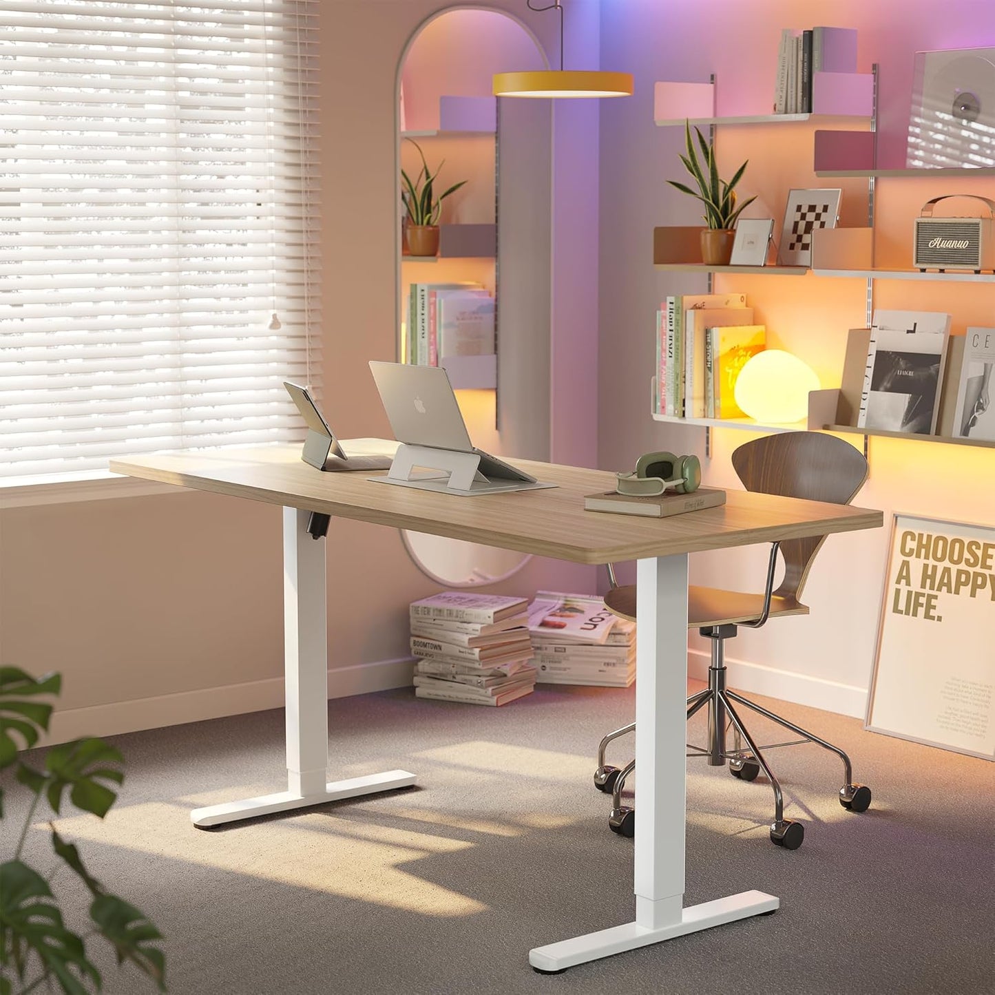 HUANUO 32" Small Electric Standing Desk Adjustable Height, 4 Memory Height Settings, Sit Stand Up Desk for Home Office & Computer Workstation, White and Gold Frame