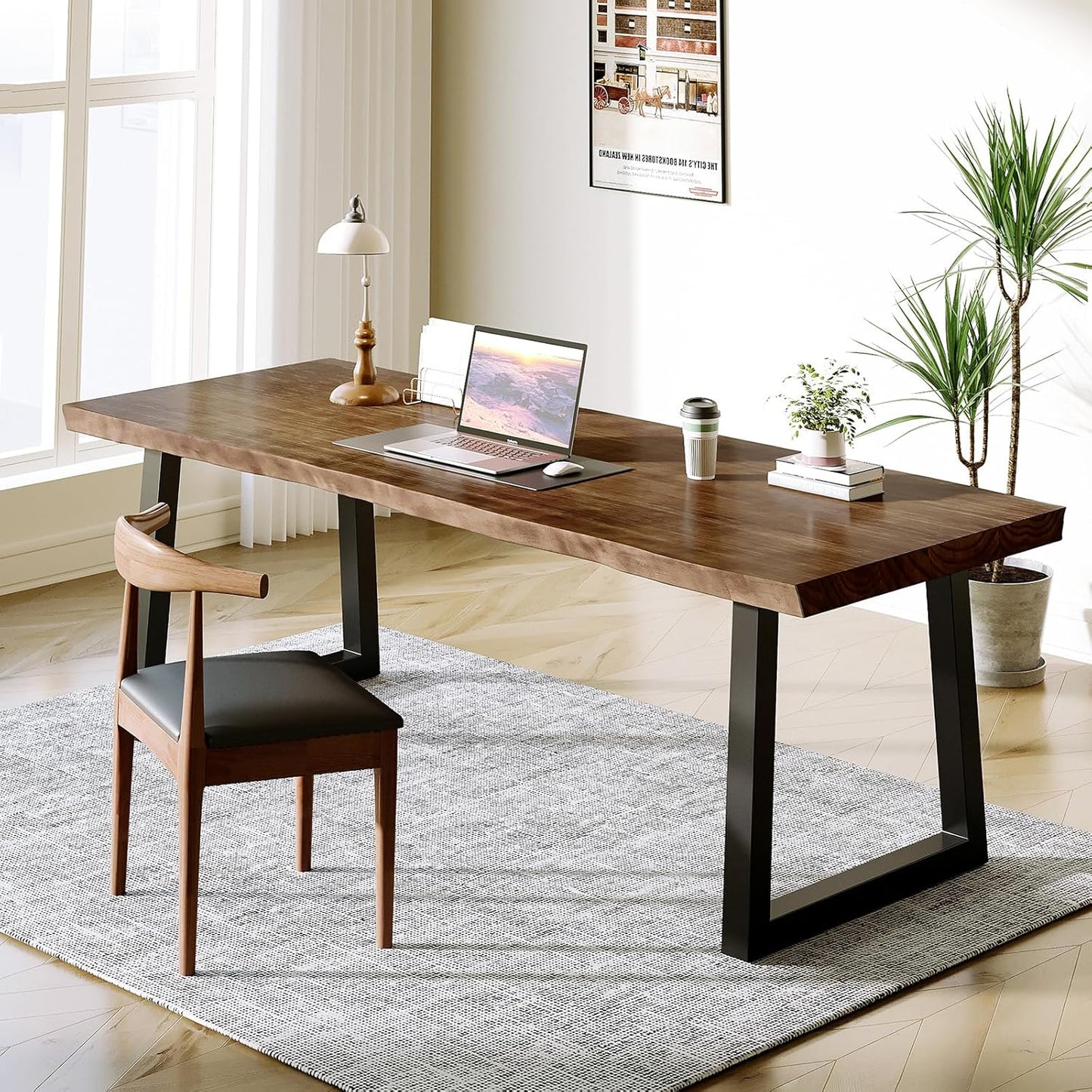 Solid Wood Desk 55 inches, Wood Computer Desk,Home Office Desk Wooden Rustic Writing Desk Modern Simple Design,Ideal for Study, Writing, Dining