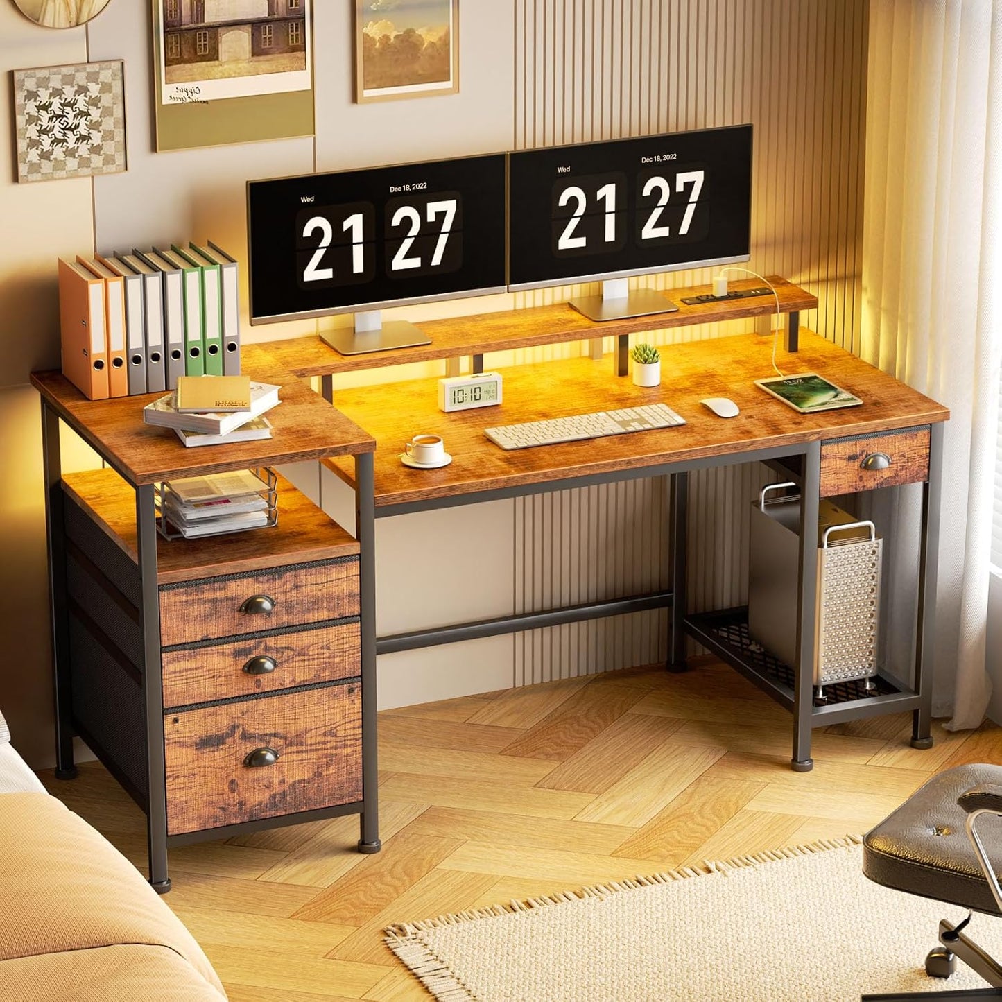 Furologee 60" Office Computer Desk with 4 Drawers,Gaming Desk with LED Lights and Power Outlets,Long Desk with Fabric File Cabinet,Study Work Table with Shelf for Bedroom Home Office,Rustic Brown