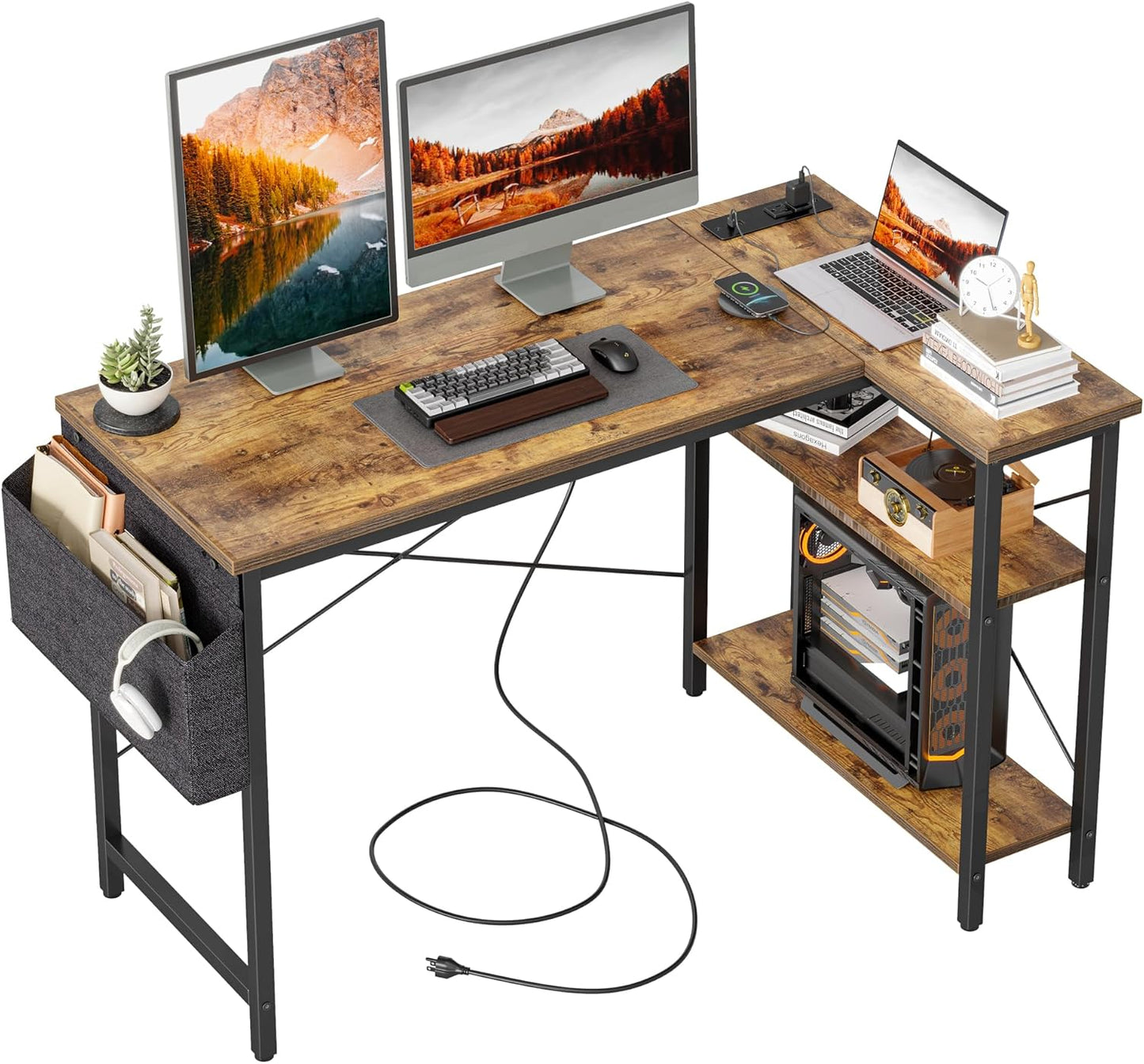 TIQLAB Small Computer Desk with Power Outlets, 40 Inch L Shaped Desk with Reversible Shelves, Gaming Desk Corner Desk Study Writing Table for Home Office Bedroom Living Room, Black