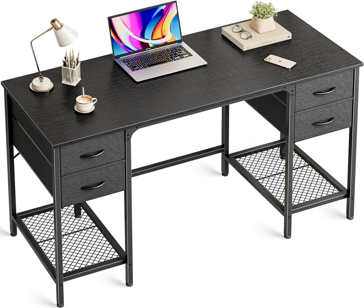 Huuger 55 Inch Computer Desk with 4 Drawers, Office Desk with Mesh Shelf, Gaming Desk, Large Storage, Writing Desk Work Desk for Home Office, Study, Bedroom, Work from Home, Rustic Brown