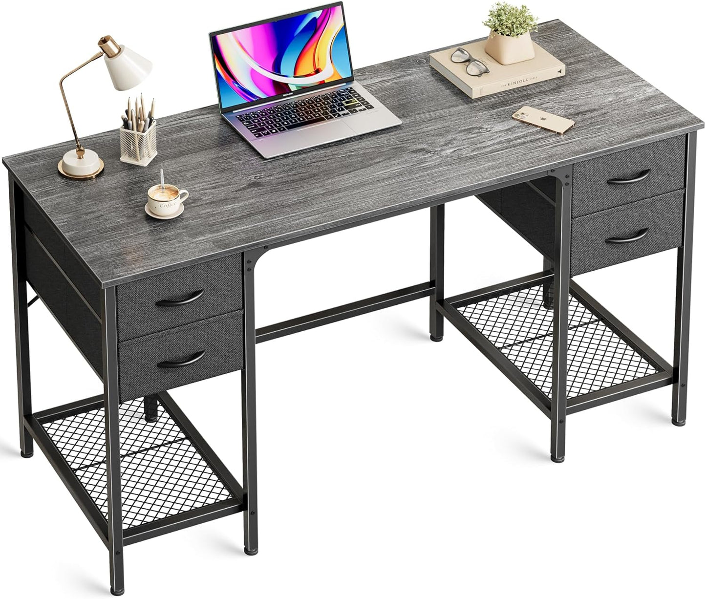 Huuger 55 Inch Computer Desk with 4 Drawers, Office Desk with Mesh Shelf, Gaming Desk, Large Storage, Writing Desk Work Desk for Home Office, Study, Bedroom, Work from Home, Rustic Brown