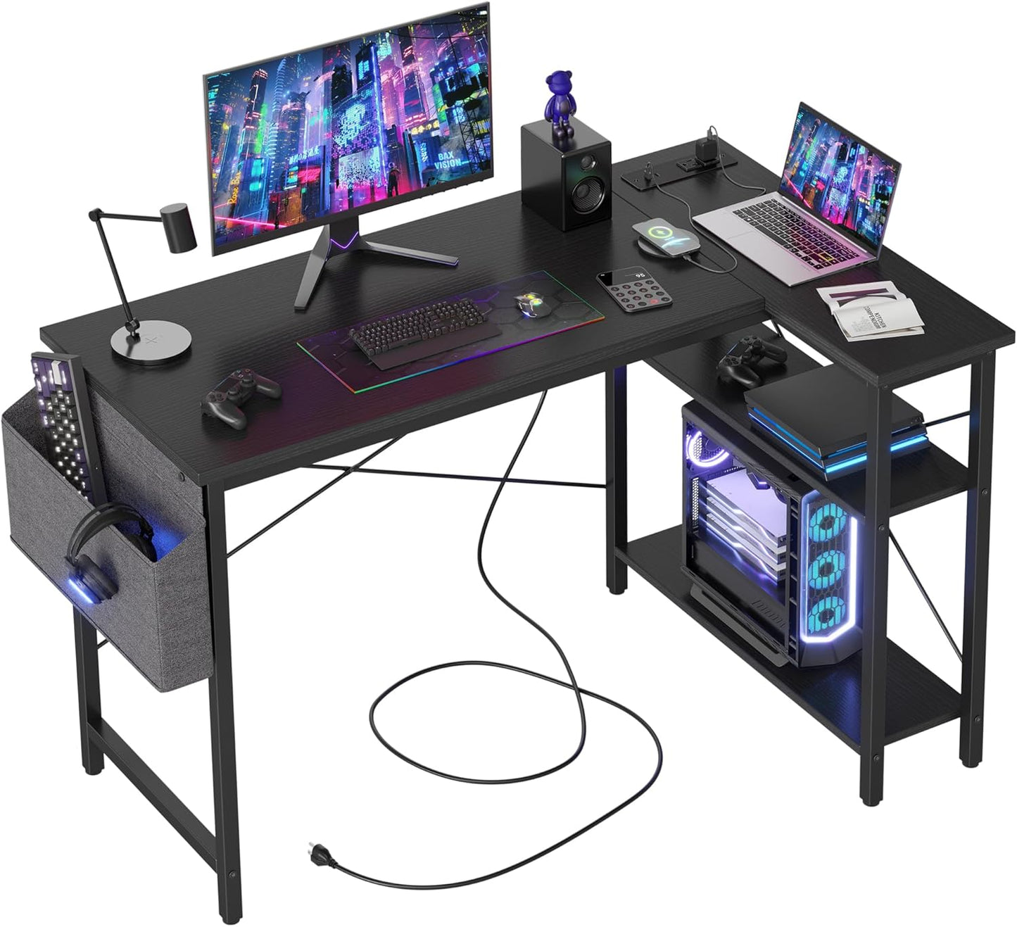 TIQLAB Small Computer Desk with Power Outlets, 40 Inch L Shaped Desk with Reversible Shelves, Gaming Desk Corner Desk Study Writing Table for Home Office Bedroom Living Room, Black