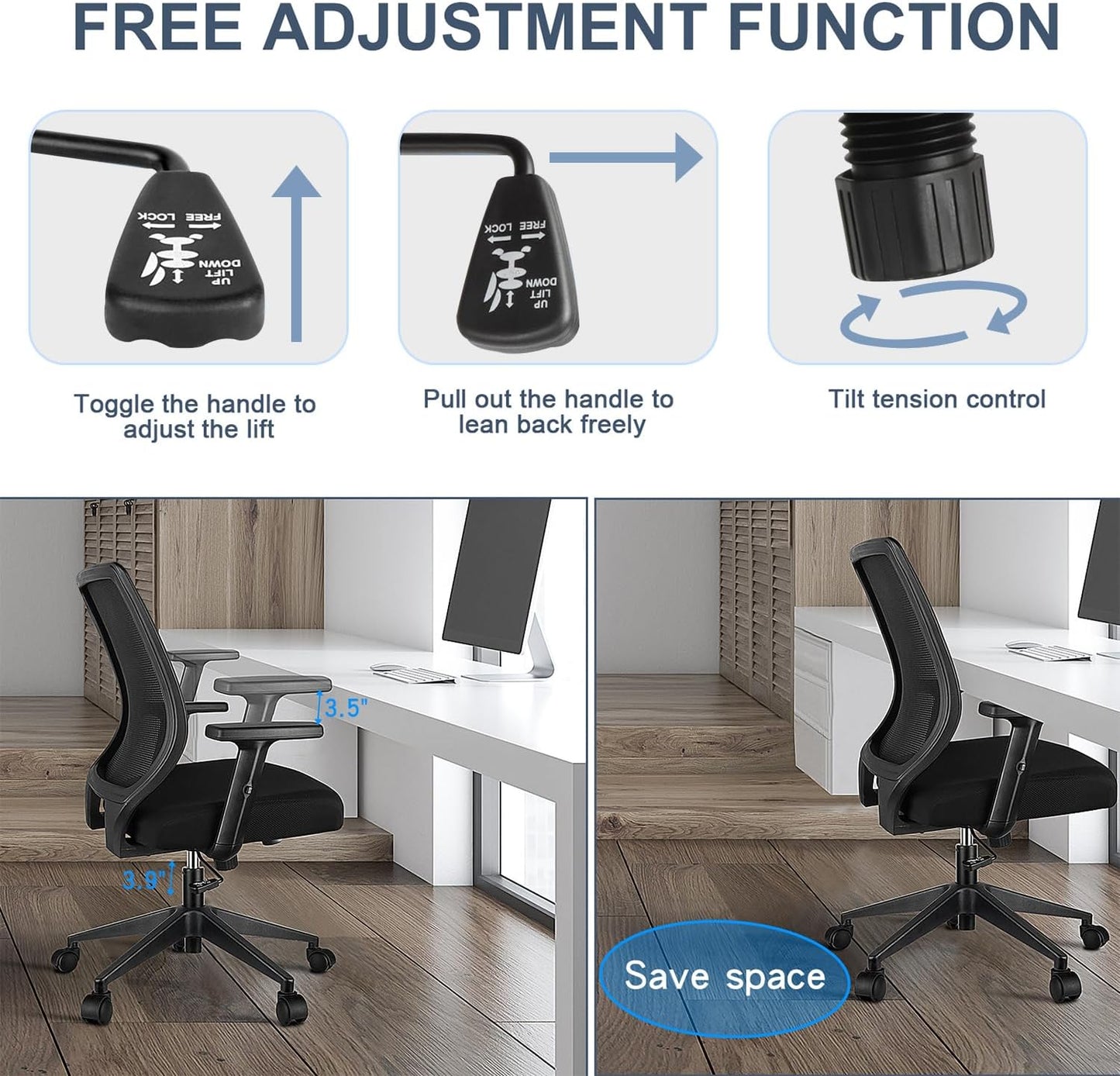 Ergonomic Office Chair Home Mesh Desk Chair with Adjustable Arms - Mid Back Computer Chairs for Adults - Swivel Task Chair Comfortable for Home Office (Black)