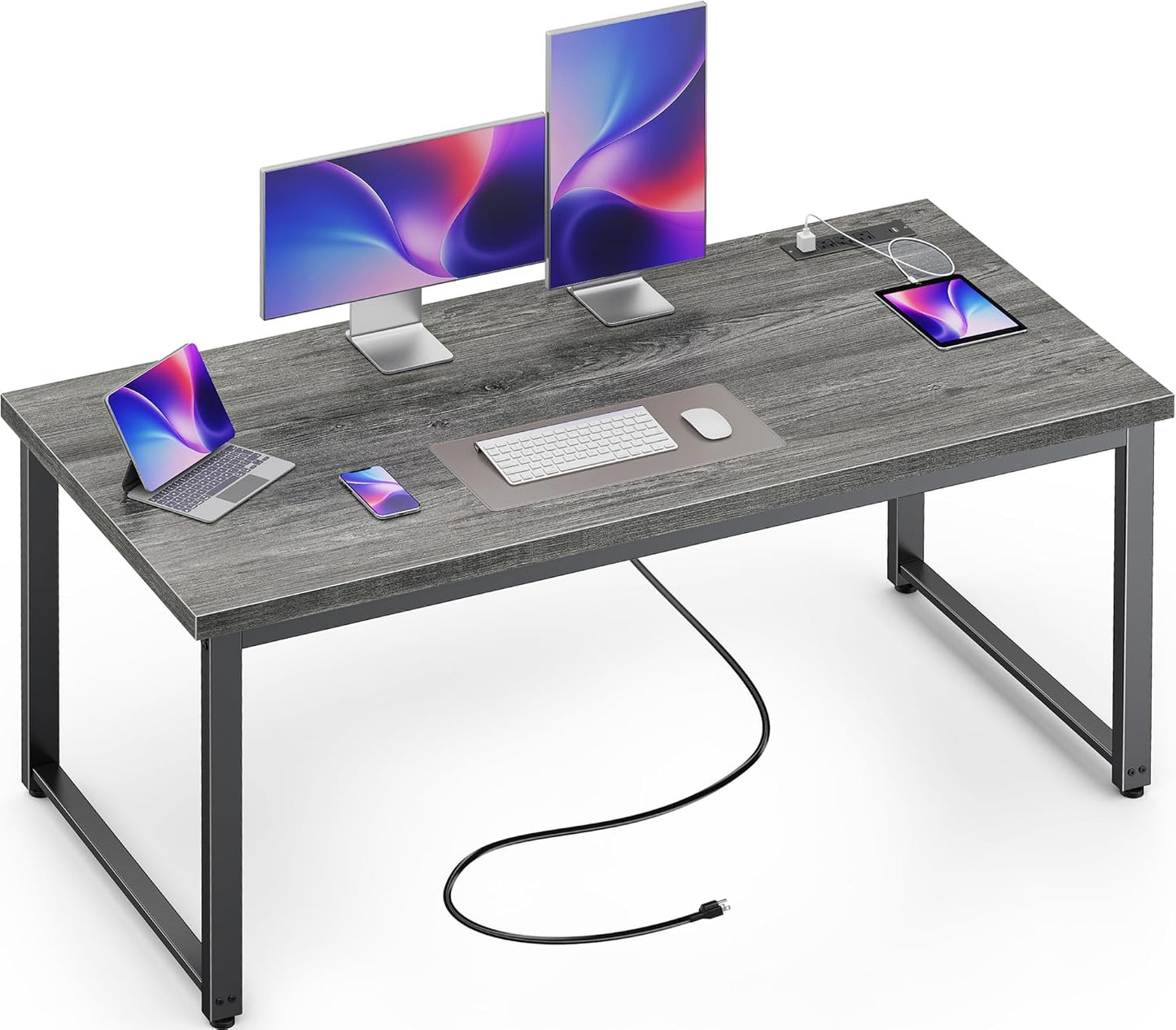 Huuger 63 x 24 inch Desk with Power Outlets & USB-C, Deeper & Thicker Desktop, Robust Metal Tubes, Computer Desk, Heavy Duty Office Desk, Work Gaming Desk, for Home Office, Black