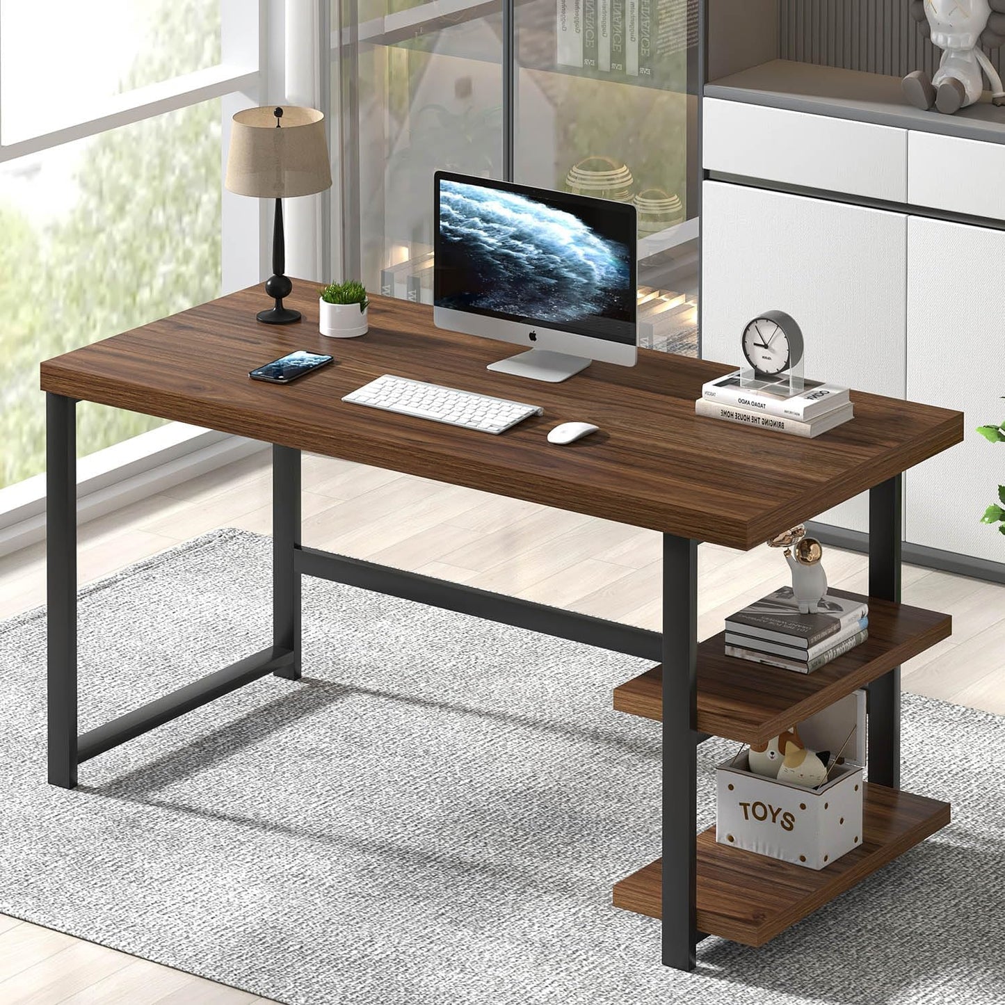 FOLUBAN Modern Computer Desk, Wood Home Office Desk, Study Writing Gaming Table Workstation with Storage Shelves for Living Room Bedroom, Rustic Walnut, 53 Inch