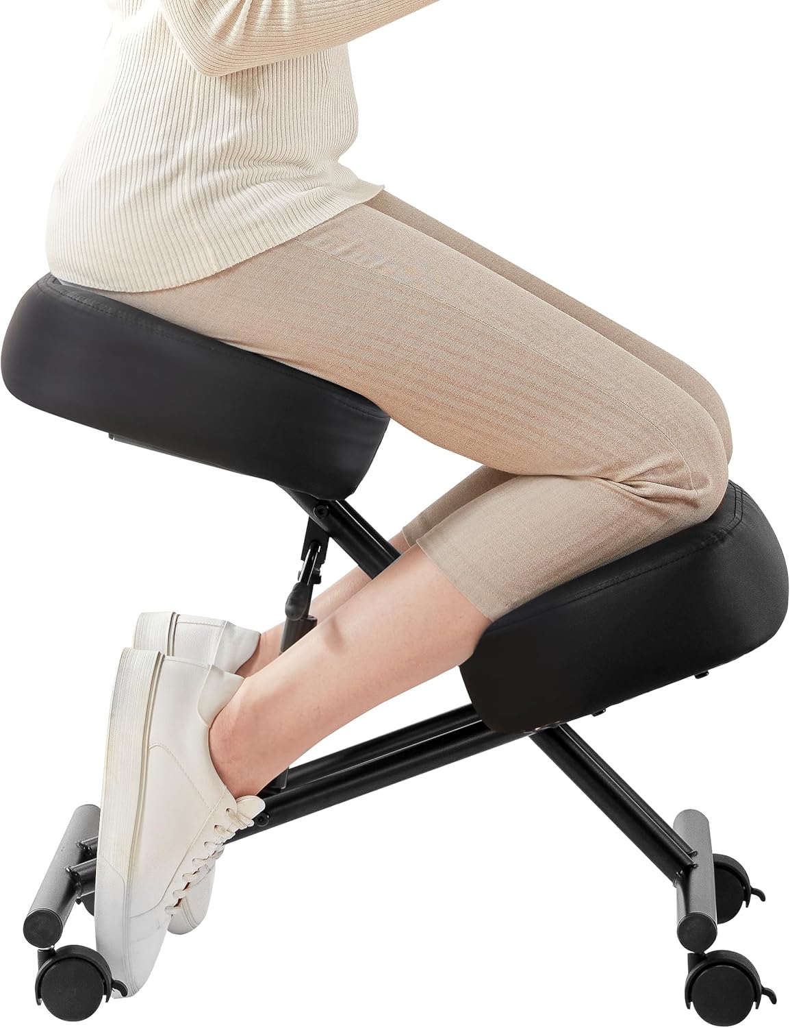Ergonomic Kneeling Chair with Back Support, Kneeling Desk Chair for Home Office with Brake and Gliding Casters, Adjustable Posture Chair with High Back for Desk to Relieve Back Pain, Black PU