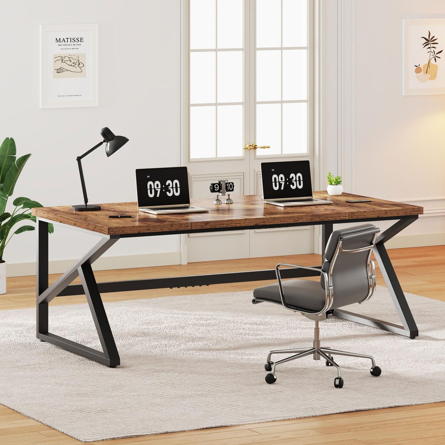 IBF Large Computer Desk, Rustic 70 Inch Long Home Office Metal Wood Desk, Industrial Big 2 Person Table for Executive Writing Study Gaming Workstation, Farmhouse Bedroom PC Laptop Double Desk