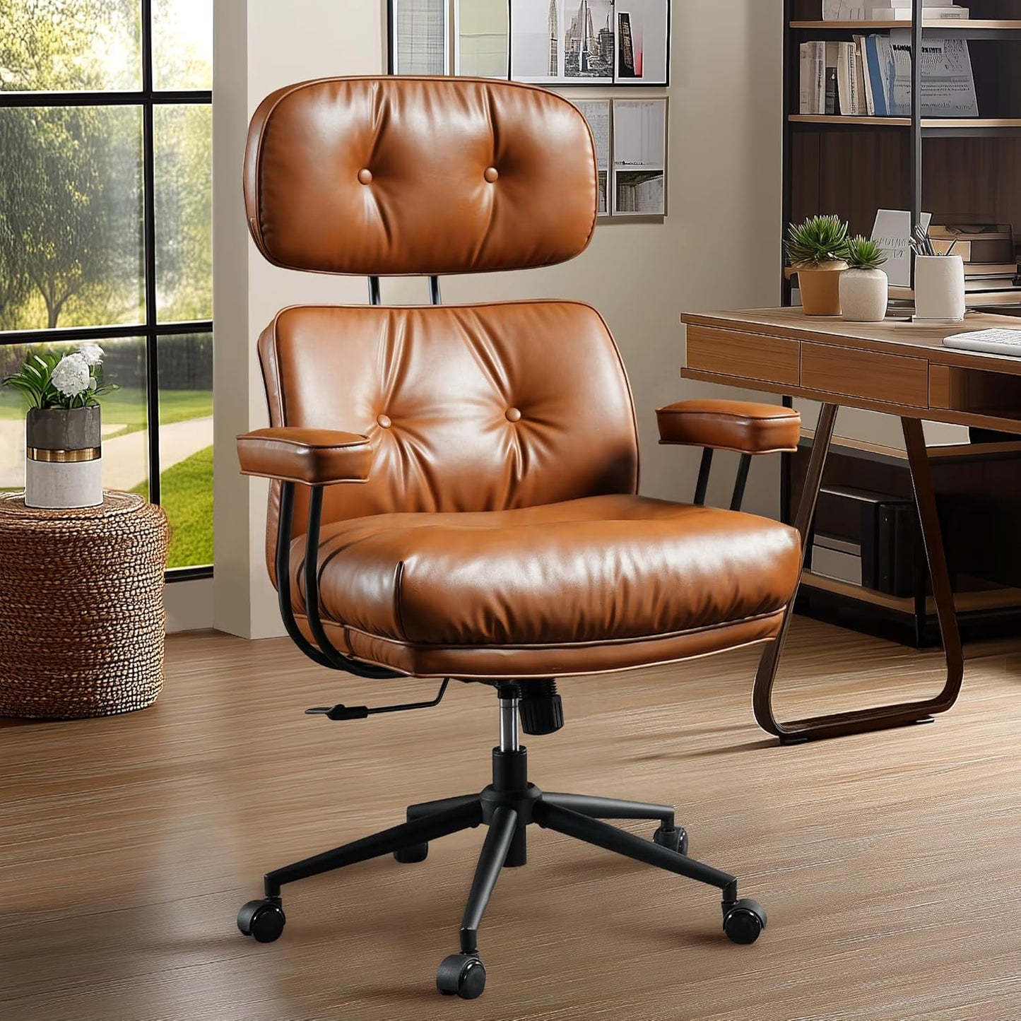 Mid Century Modren Big and Tall Office Chair,Large Ergonomic Executive Chair for Heavy Duty People, Computer Desk Task Chair with Wheels, Faux Lether Fabric Wide Chair for Home Sturdy,Brown(Suede)