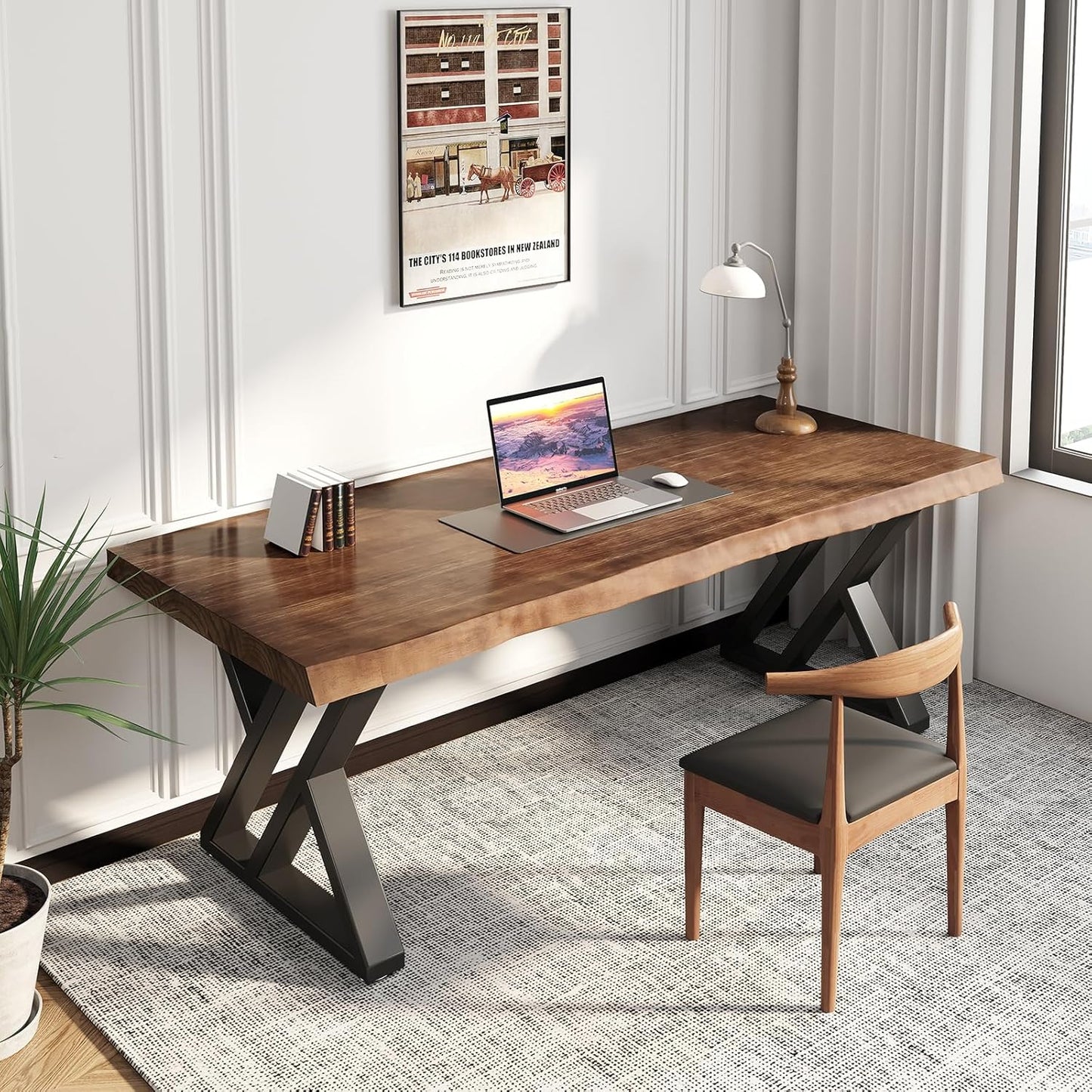 Solid Wood Desk 55 inches, Wood Computer Desk,Home Office Desk Wooden Rustic Writing Desk Modern Simple Design,Ideal for Study, Writing, Dining