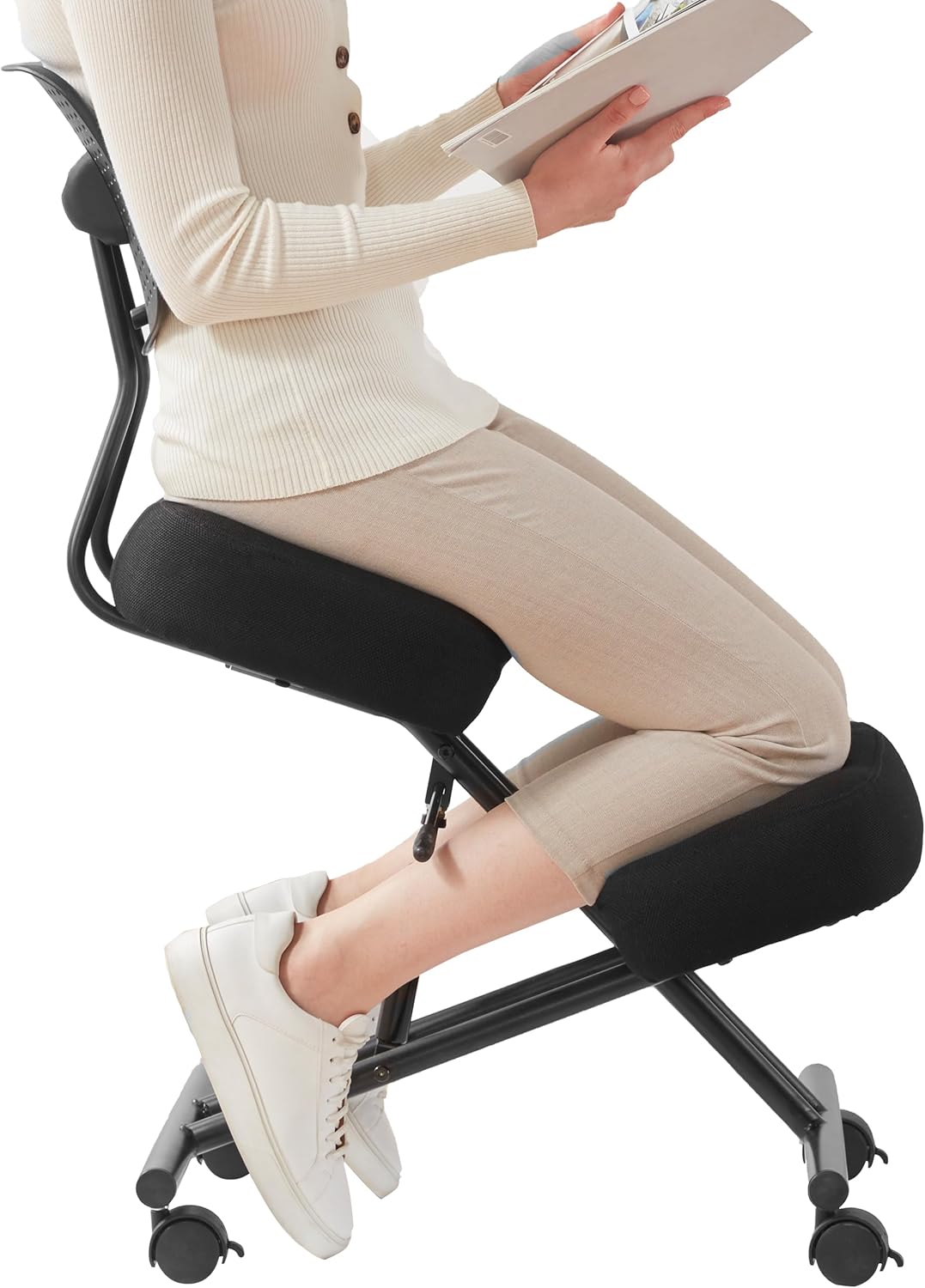Ergonomic Kneeling Chair with Back Support, Kneeling Desk Chair for Home Office with Brake and Gliding Casters, Adjustable Posture Chair with High Back for Desk to Relieve Back Pain, Black PU