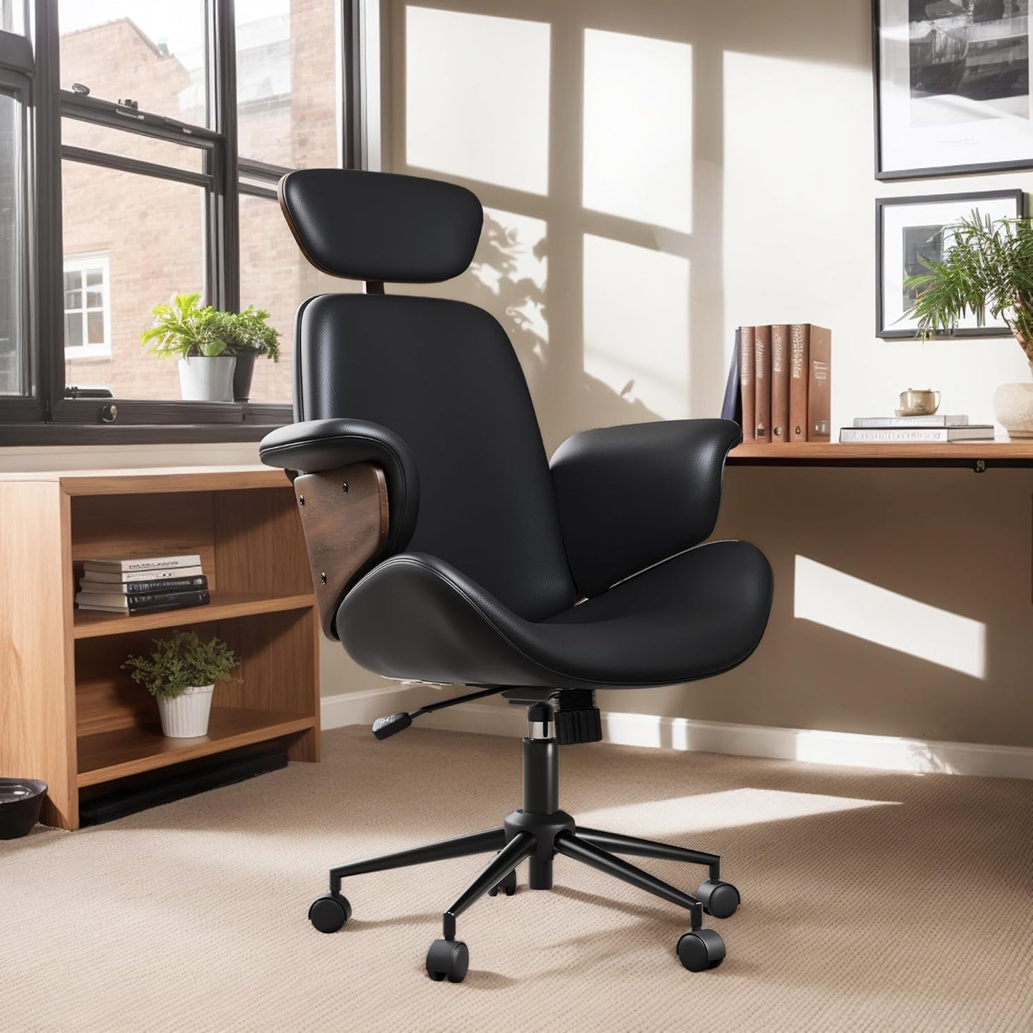 AMERLIFE Home Office Chair with Wheels and Bentwood Arms, PU Leather Swivel Desk Chair with Lumbar Support and Headrest, Height Adjustable Modern Computer Chair for Office, Study, White
