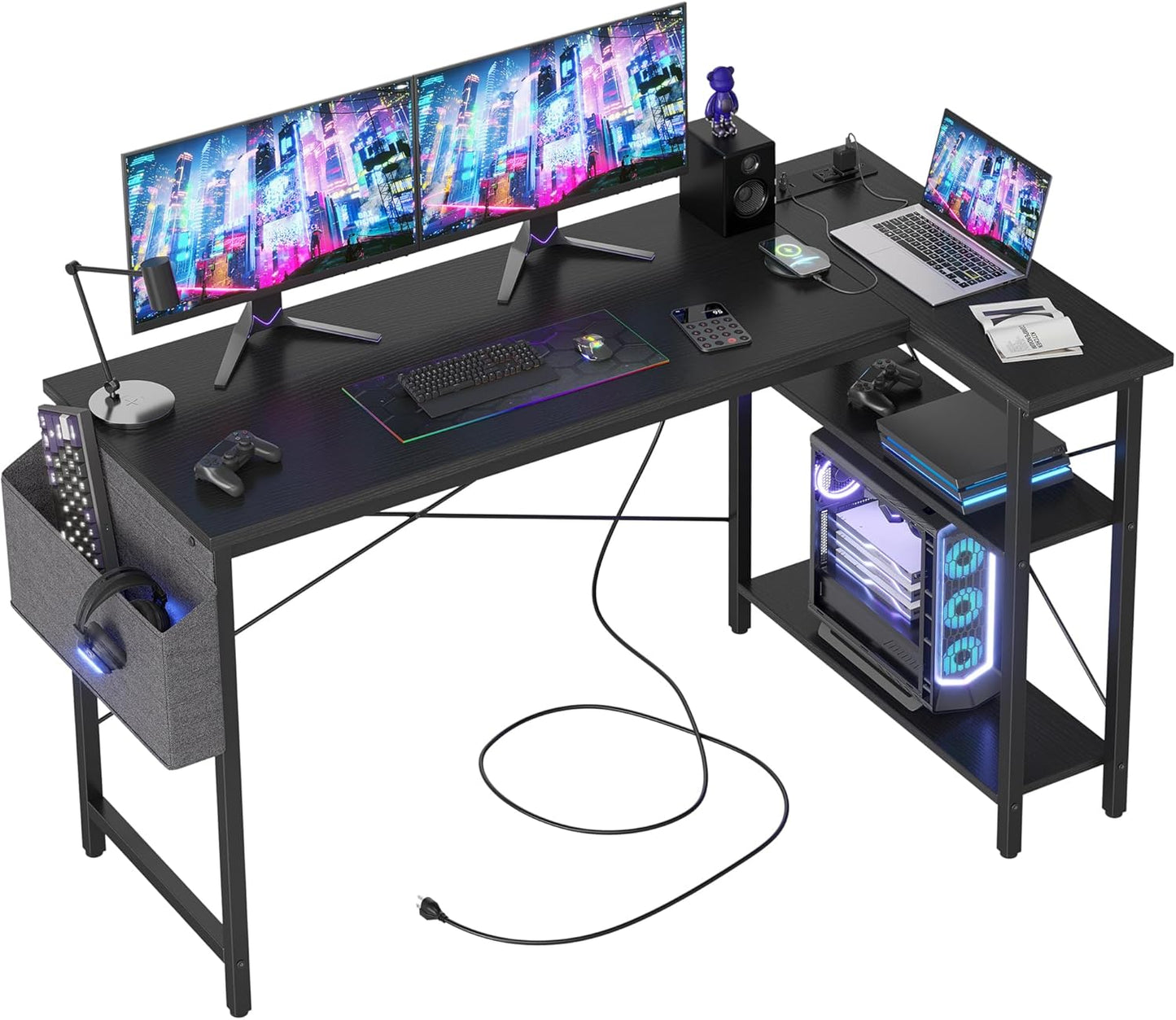 TIQLAB Small Computer Desk with Power Outlets, 40 Inch L Shaped Desk with Reversible Shelves, Gaming Desk Corner Desk Study Writing Table for Home Office Bedroom Living Room, Black