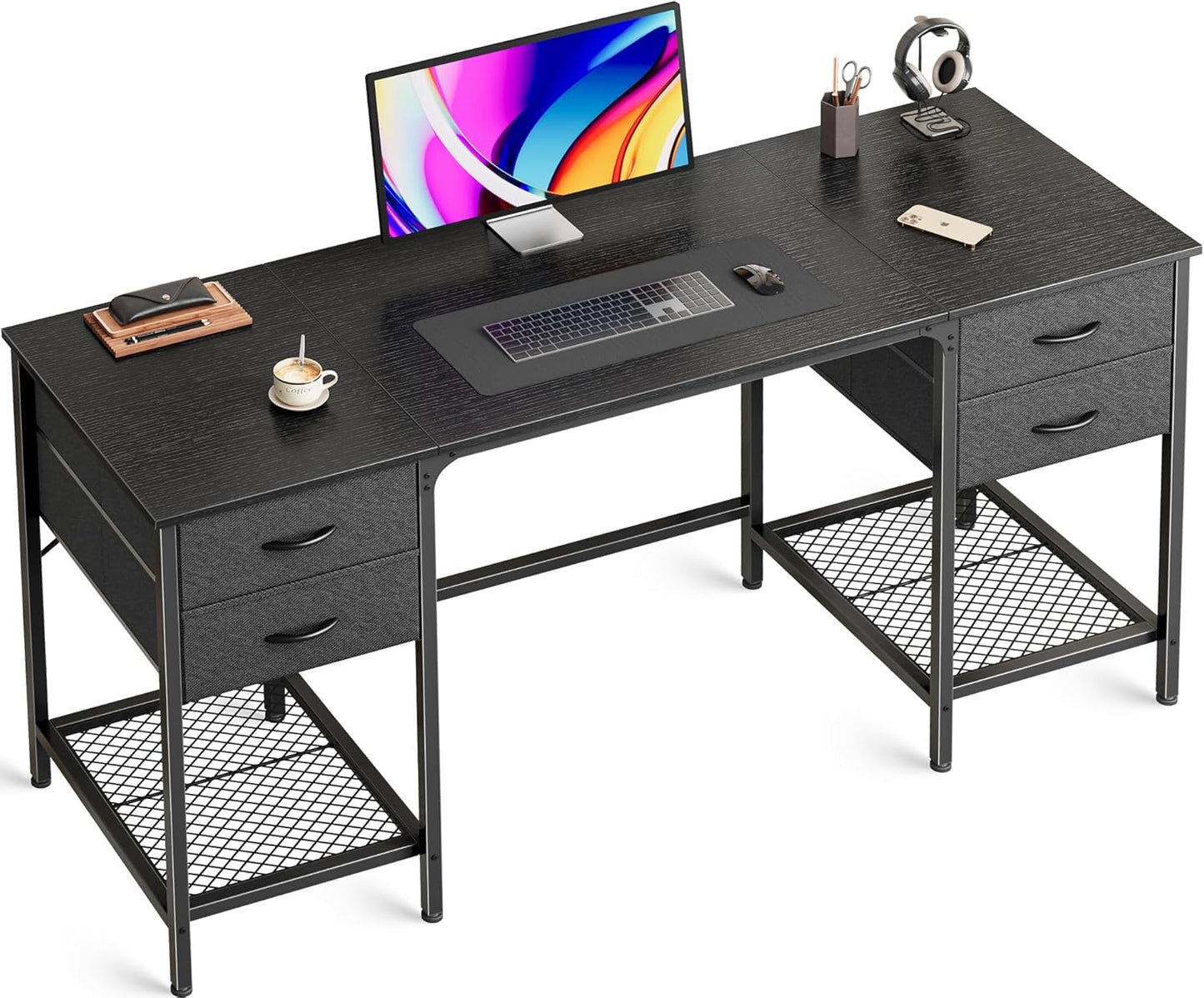 Huuger 55 Inch Computer Desk with 4 Drawers, Office Desk with Mesh Shelf, Gaming Desk, Large Storage, Writing Desk Work Desk for Home Office, Study, Bedroom, Work from Home, Rustic Brown
