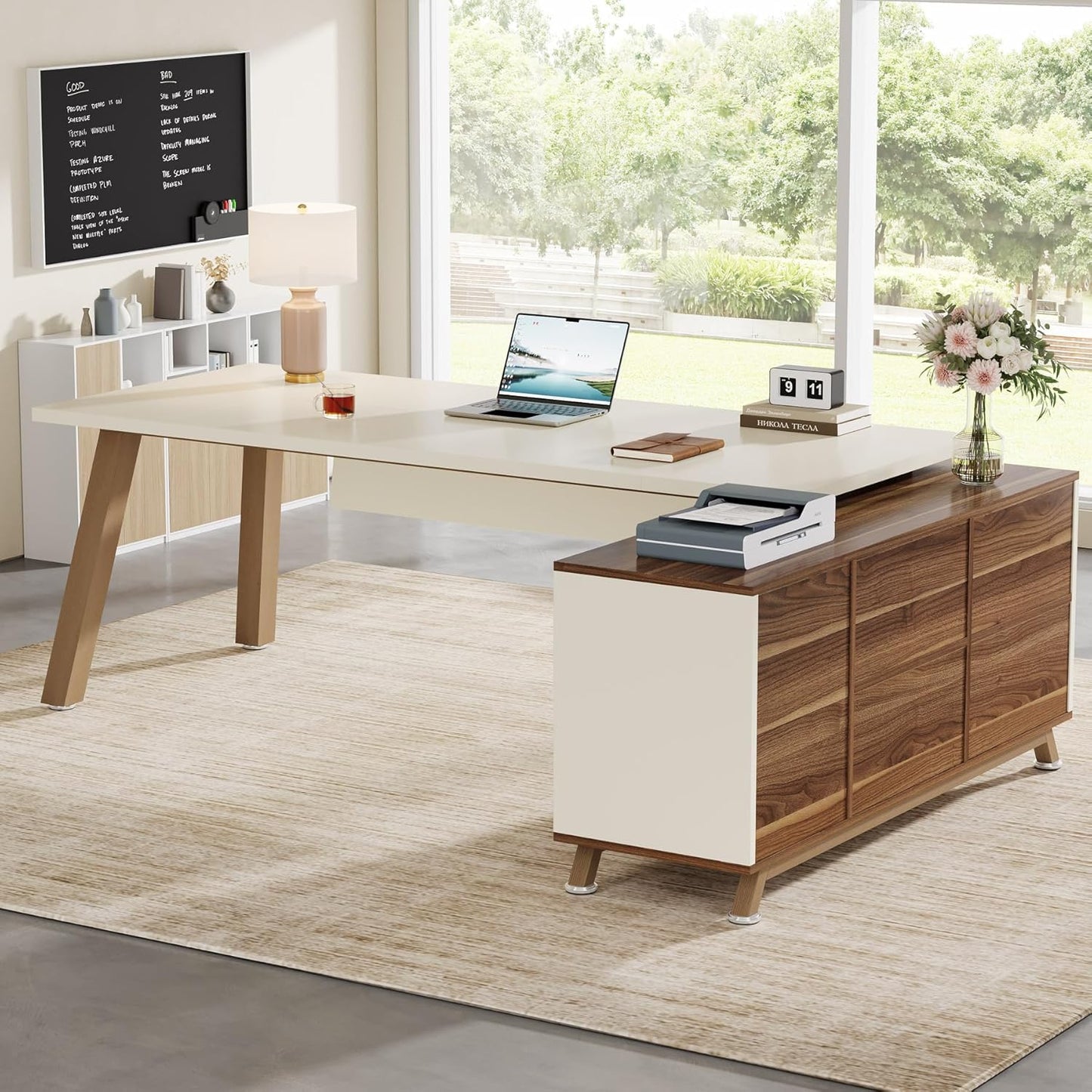 Tribesigns 78.7-Inch Executive Desk, L-Shaped Desk with 55-Inch Cabinet, Large Office Desk with Storage Shelves, Modern Computer Desk for Home Office, Walnut & White