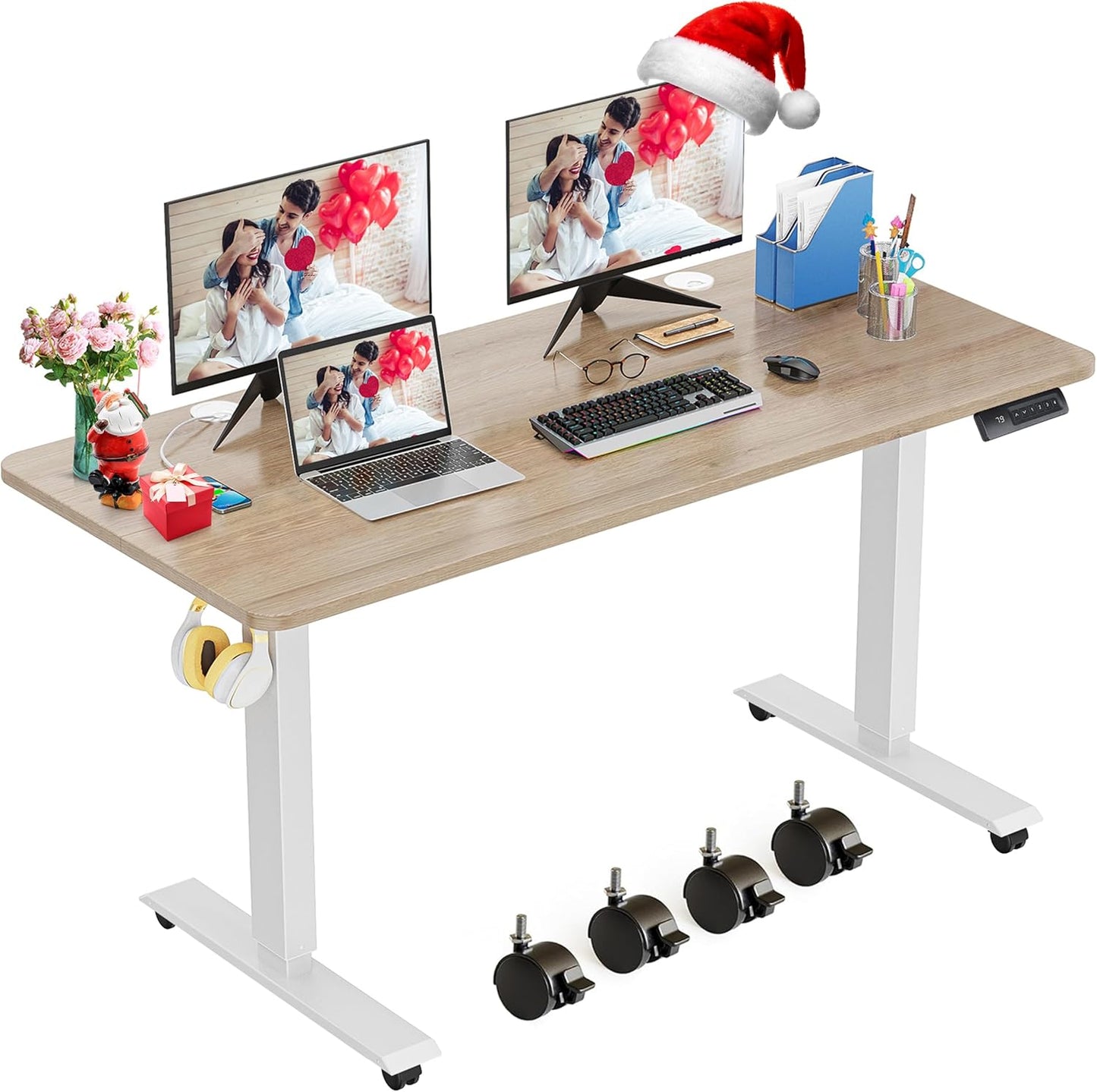 farexon Electric Standing Desk Adjustable Height, 63x24 Inches Computer Desk with Rolling Wheels, Mouse Pad,Spliced Table Tops,Multifunctional Stand up Desk for Home/Office(Oak Gray)