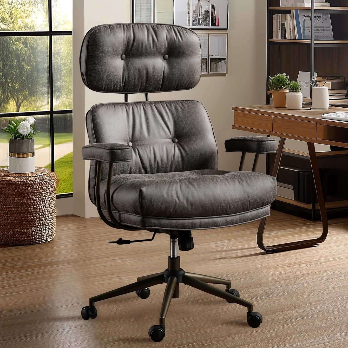 Mid Century Modren Big and Tall Office Chair,Large Ergonomic Executive Chair for Heavy Duty People, Computer Desk Task Chair with Wheels, Faux Lether Fabric Wide Chair for Home Sturdy,Brown(Suede)