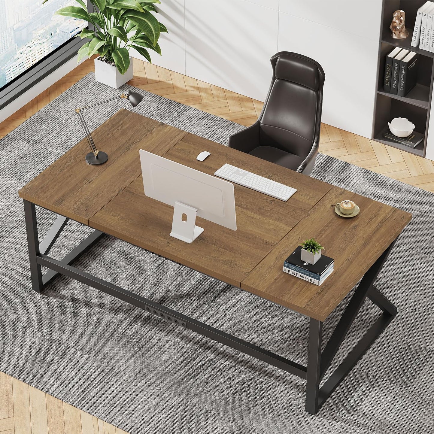 IBF Large Computer Desk, Rustic 70 Inch Long Home Office Metal Wood Desk, Industrial Big 2 Person Table for Executive Writing Study Gaming Workstation, Farmhouse Bedroom PC Laptop Double Desk