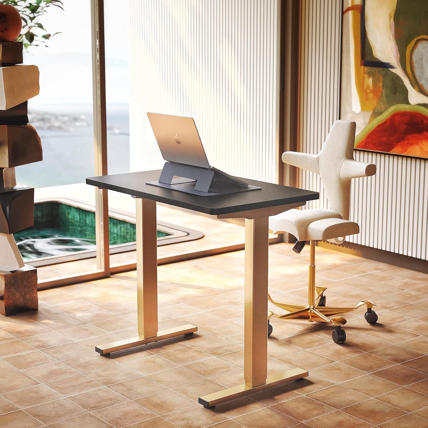 HUANUO 32" Small Electric Standing Desk Adjustable Height, 4 Memory Height Settings, Sit Stand Up Desk for Home Office & Computer Workstation, White and Gold Frame