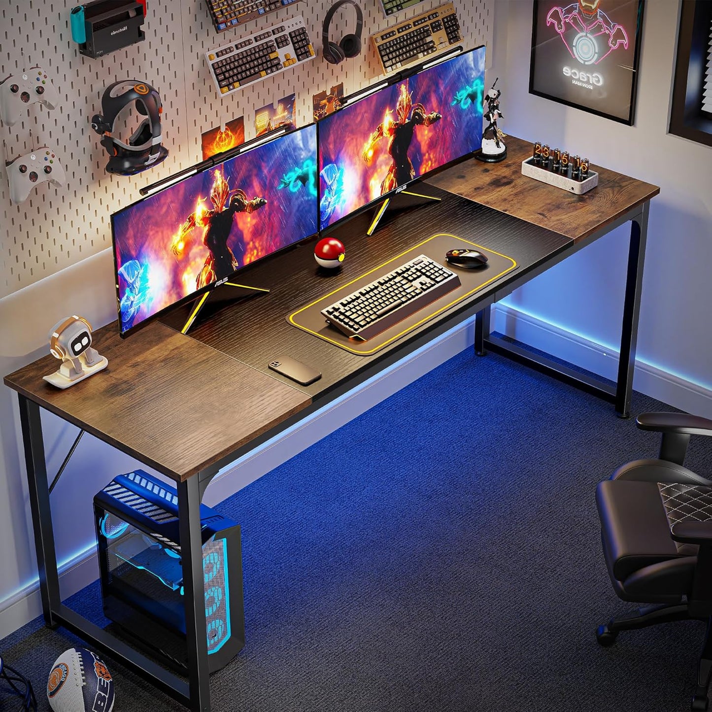 Huuger Computer Desk, 70 Inch Office Desk, Gaming Desk with Storage, Writing Desk Work Desk for Home Office, Study, Long Simple Desk, Large Legroom, Metal Frame, Rustic Brown and Black
